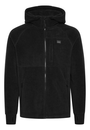 Hoodie en polaire noire avec fermeture éclair sur le devant, capuche ajustable et deux poches latérales. Dispose d'une poche sur la poitrine et d'ouvertures pour les pouces aux poignets.