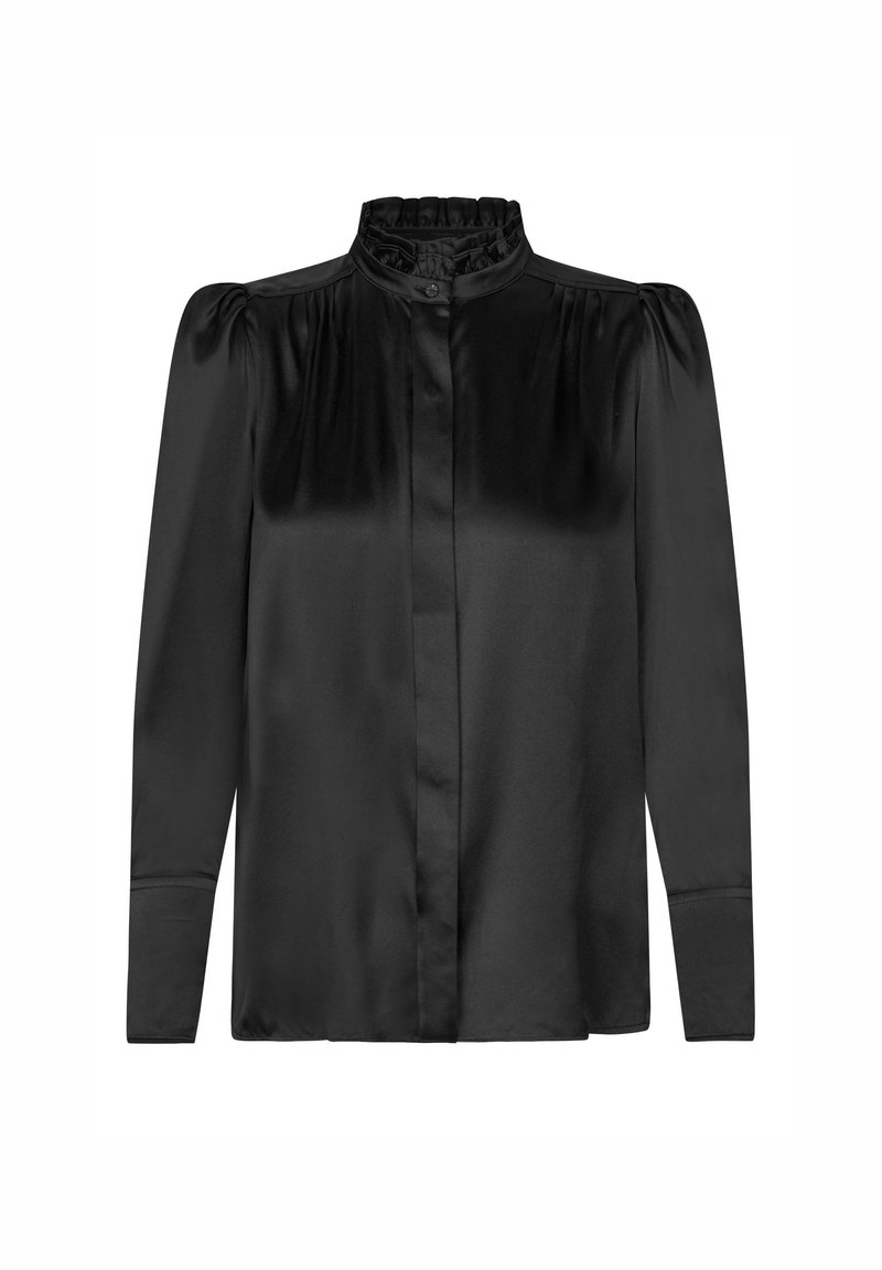 Black satin blouse with a high ruffled collar, button front, and long sleeves featuring subtle puff shoulders and a smooth texture.