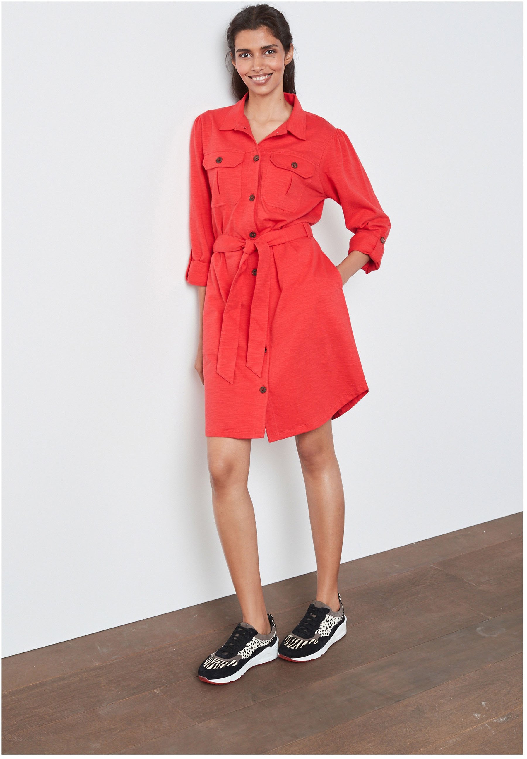 red button through dress