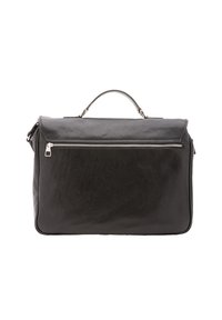 Borsa a tracolla in pelle nera con manico superiore, chiusura a patta e tasca frontale con zip. Texture liscia con linee pulite e hardware minimal.