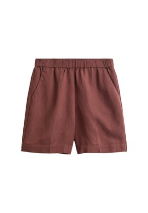 Braune Freizeithosen mit elastischem Bund und seitlichen Taschen, schlichtes Design, oberhalb des Knies, auf weißem Hintergrund präsentiert.