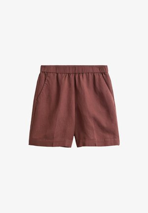 Bruine casual shorts met elastische tailleband en zijzakken, eenvoudig ontwerp, boven knielengte, afgebeeld op een witte achtergrond.