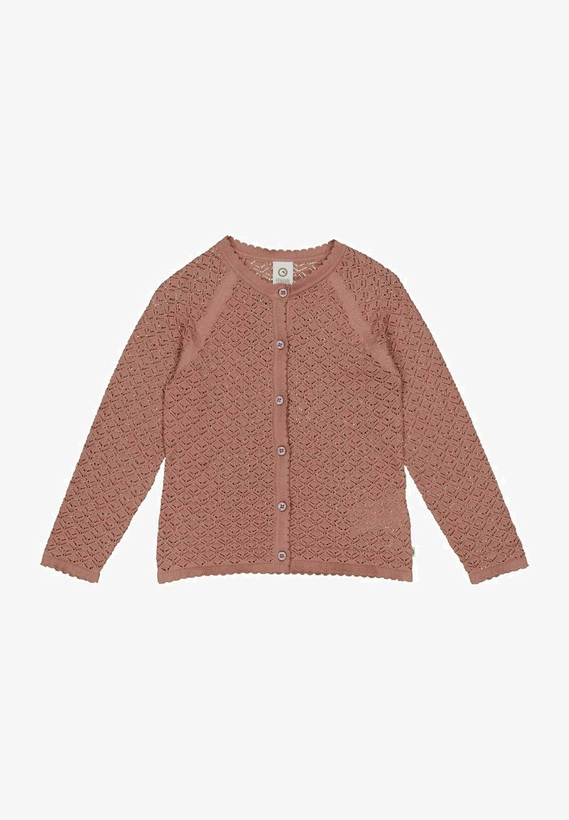 Knitted cardigan in dusty rose color, featuring a diamond pattern, round neckline, and button front closure with scalloped trim.