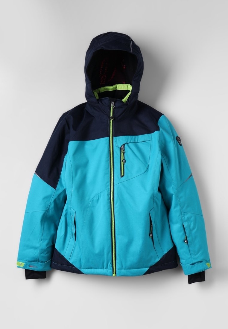 Veste de ski bleu et marine avec capuche, fermeture éclair à l'avant et poches. Accentuée par des fermetures éclair vert vif et des détails réfléchissants.