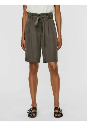 Höga, olivgröna shorts i lättviktsmaterial, med en knytbar midja och veck för en avslappnad passform. Slät framtill.