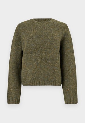 Green wool sweater with a round neckline, ribbed cuffs and hem, textured fabric, and a slightly loose fit.