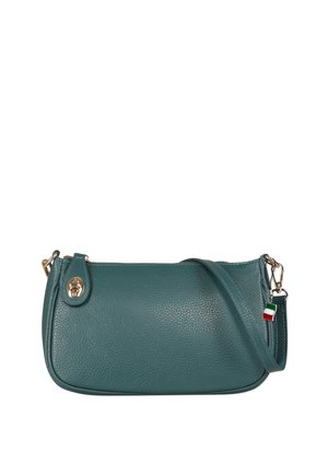 Teal leather shoulder bag with gold clasp, adjustable strap, and small Italian flag charm on white background.