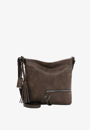 Borsa a tracolla in finta pelle marrone con un design morbido, tasca con zip nella parte anteriore, dettaglio con nappina e tracolla regolabile.