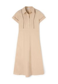 Beige shirt dress with short sleeves, button-up front, and decorative stitching along the placket and sleeves. Smooth, lightweight fabric.