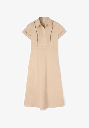 Beiges Hemdkleid mit kurzen Ärmeln, Knopfleiste und dekorativer Stickerei entlang der Knopfleiste und der Ärmel. Glattes, leichtes Material.