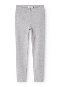 Leggings grigi a costine realizzati in tessuto elasticizzato, con vita elastica e senza hardware o dettagli visibili.