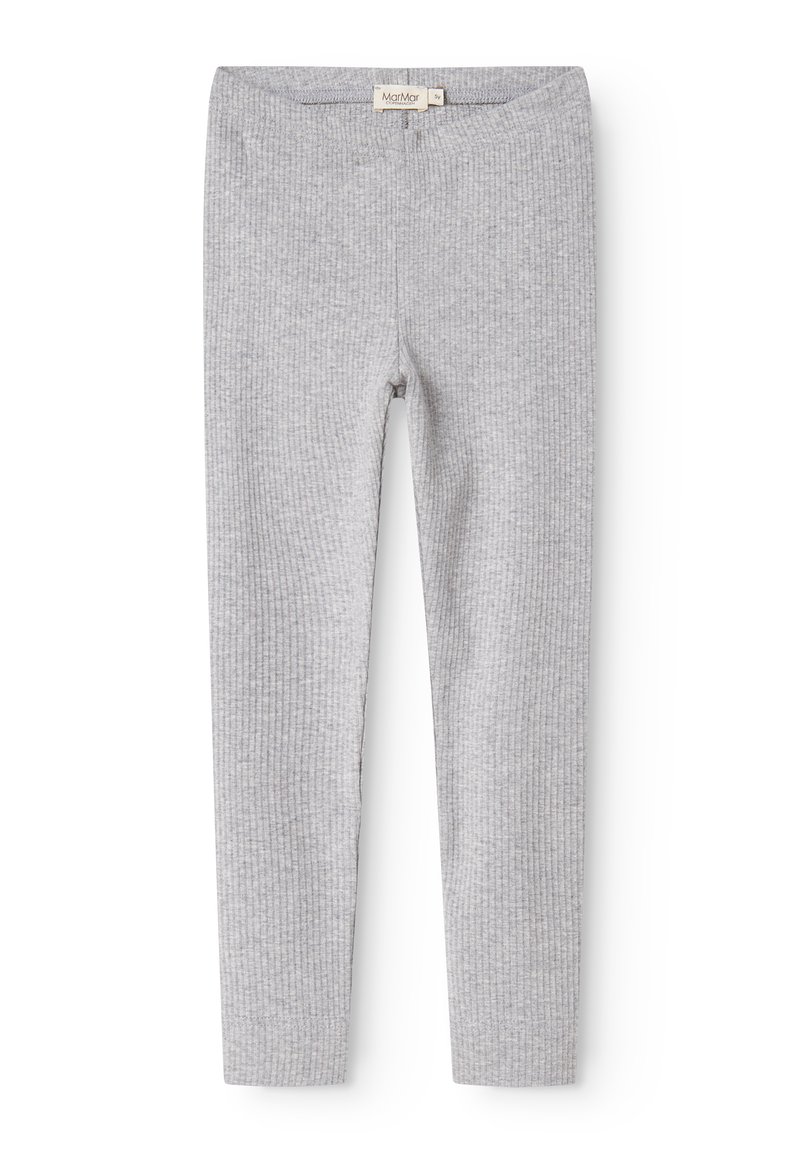 Leggings grigi a costine realizzati in tessuto elasticizzato, con vita elastica e senza hardware o dettagli visibili.