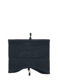 Fleecejakkes halsrør i mørkegr å med tonet "stwd."-logo, justerbar snor ved bunden, glat tekstur og formet design for dækning.