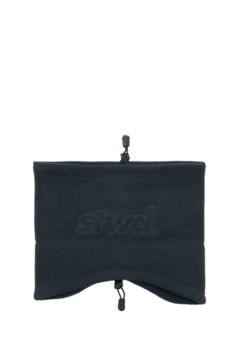 Fleecejakkes halsrør i mørkegrå med tonet "stwd."-logo, justerbar snor ved bunden, glat tekstur og formet design for dækning.
