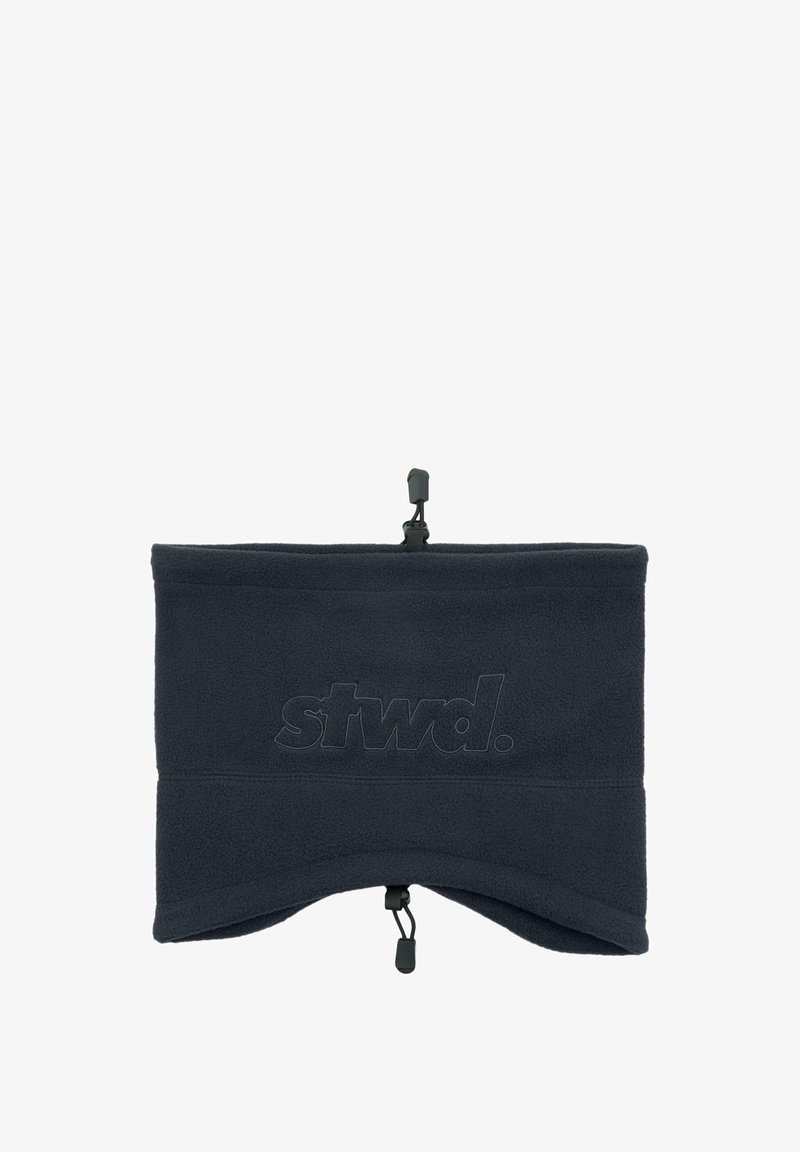 Scaldacollo in pile grigio scuro con logo "stwd." tono su tono, regolazione con coulisse alla base, texture liscia e design sagomato per una copertura ottimale.