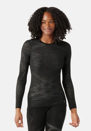 Long-sleeve black thermal top made from textured fabric, featuring a geometric pattern and fitted silhouette. Accents on sleeves add detail.