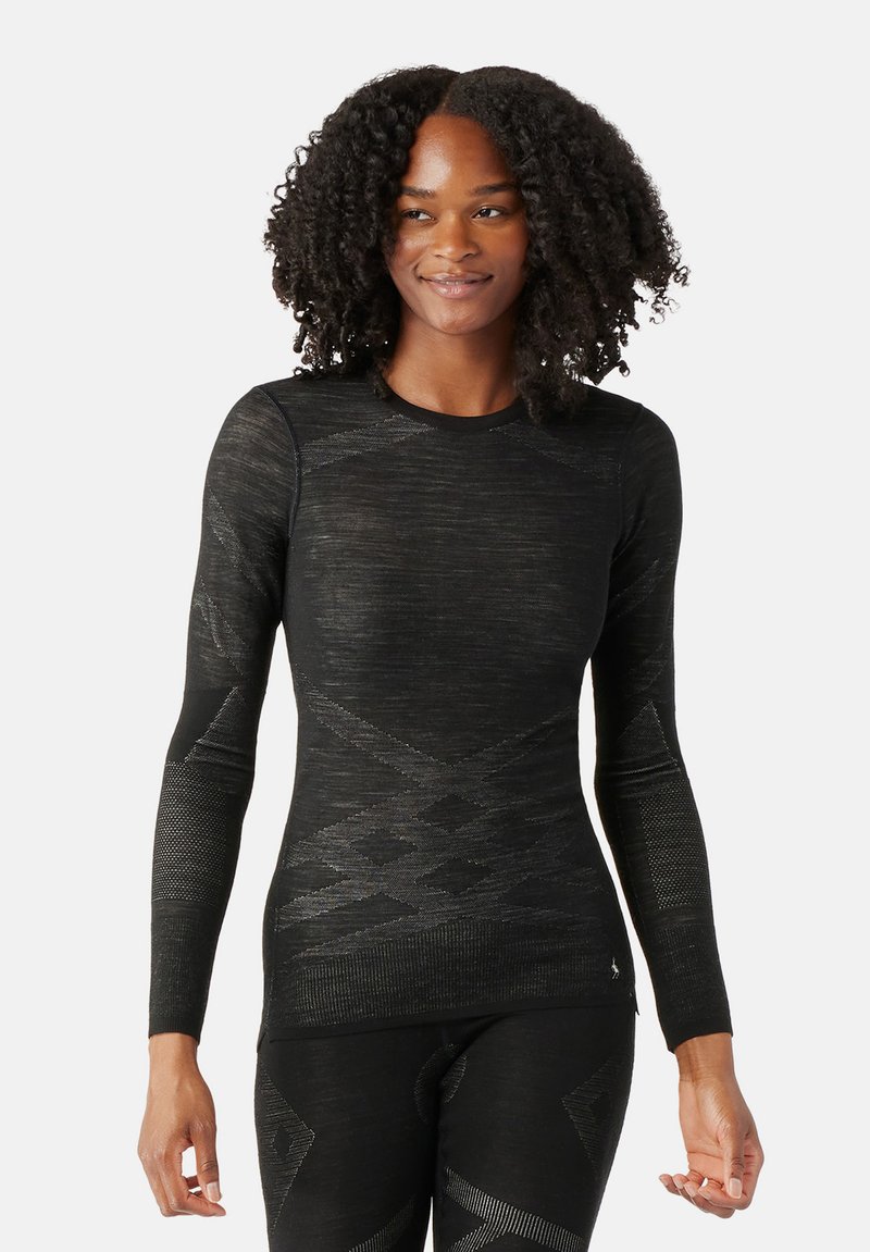 Haut thermique à manches longues noir en tissu texturé, présentant un motif géométrique et une silhouette ajustée. Des accents sur les manches ajoutent du détail.