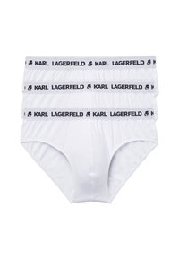 Hvide bomuldsunderbukser i en pakke med tre, med en sort elastisk talje med "KARL LAGERFELD"-logo, glat tekstur og design med fuld dækning.