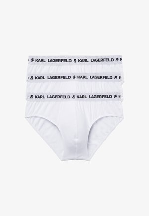Valged puuvillased aluspüksid kolmes pakis, musta elastse vöökoha logoga "KARL LAGERFELD", siledast materjalist ja täiskatte disainiga.