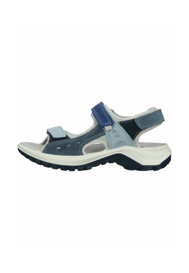 Sandalia azul y gris con diseño abierto, correas ajustables, plantilla acolchada y suela de goma resistente. Presenta acentos texturizados y orificios de ventilación.