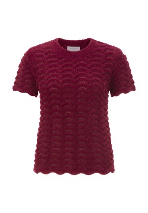 Maglione a maniche corte di color bordeaux realizzato in materiale lavorato a maglia con texture ondulata, dotato di un orlo a scallop e sottili riflessi metallici in tutto il capo.