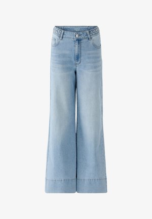 Light blue high-waist wide-leg jeans with braided belt detail, front pockets, button closure, and subtle faded wash on thighs.