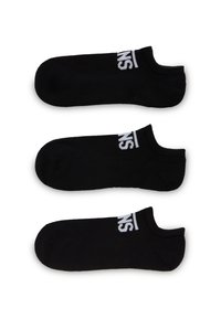 Schwarze Knöchelsocken mit einem soliden Design, die ein weißes Logo am Bund aufweisen. Der Stoff scheint weich und dehnbar zu sein. Drei Paare sind ausgestellt.