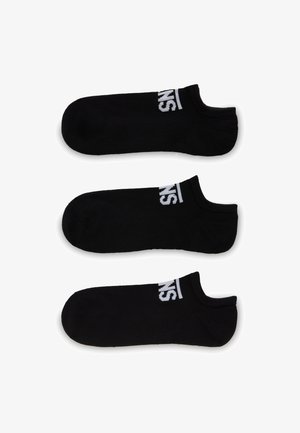 Black ankle socks with a solid design, featuring a white logo on the band. The fabric appears soft and stretchy. Three pairs displayed.