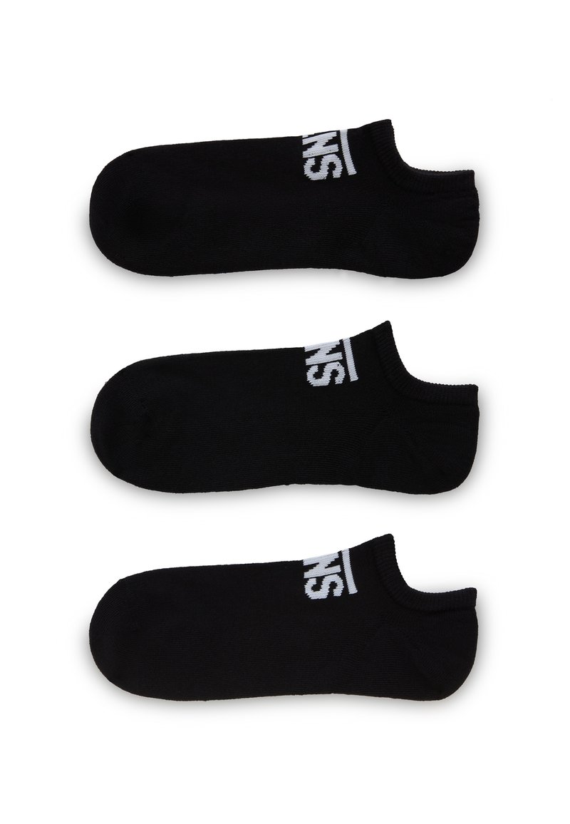 Schwarze Knöchelsocken mit einem soliden Design, die ein weißes Logo am Bund aufweisen. Der Stoff scheint weich und dehnbar zu sein. Drei Paare sind ausgestellt.