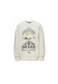 Cream-colored sweatshirt with a round neck, long sleeves, and ribbed cuffs. Features a graphic print with mountains and a road.