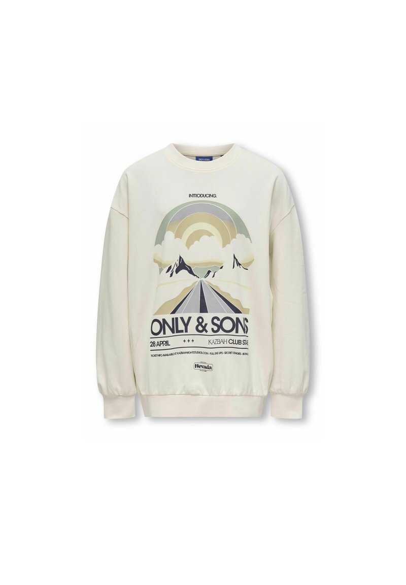 Cream-colored sweatshirt with a round neck, long sleeves, and ribbed cuffs. Features a graphic print with mountains and a road.