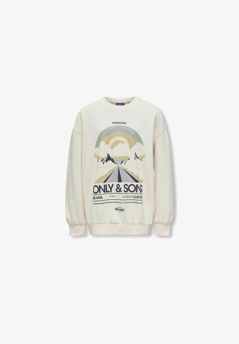 Sudadera color crema con cuello redondo, mangas largas y puños acanalados. Presenta un estampado gráfico con montañas y un camino.