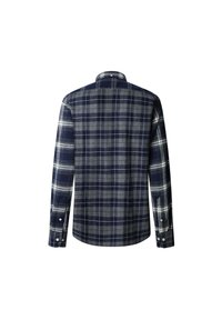 Chemise à manches longues à carreaux bleu marine et gris avec poignets boutonnés, vue de dos sur un fond blanc.