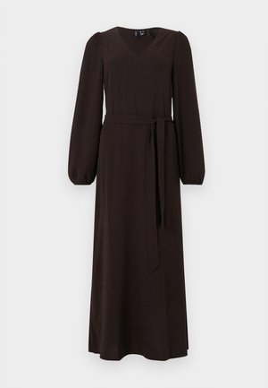 Langes schwarzes Kleid mit V-Ausschnitt, langen Puffärmeln, elastischen Bündchen und Taillengürtel, vor schlichtem weißem Hintergrund gezeigt.