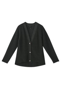 Cardigan vert foncé à manches longues, décolleté en V, fermeture à cinq boutons et ourlet arrondi. Fabriqué à partir d'un matériau doux et texturé.