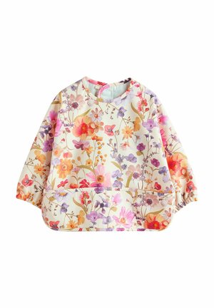 Kerge kangaga pikad varrukad, lillemuster, millel on roosa ja lilla lilledega kreemivärviline taust; ümmargune kaelus, elastsed mansetid.