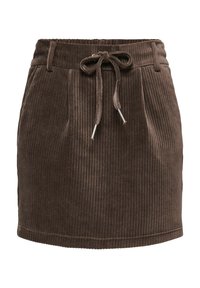 Gonna marrone in velluto a coste con cintura regolabile a coulisse, caratterizzata da una struttura a coste verticali e taglio diritto.