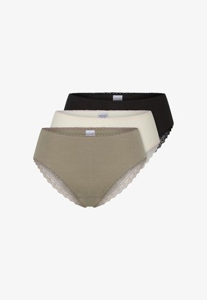 Drie damesonderbroeken in olijfgroen, crème en zwart, met kanten randje en een zachte katoenen stof. Klassiek slipmodel.