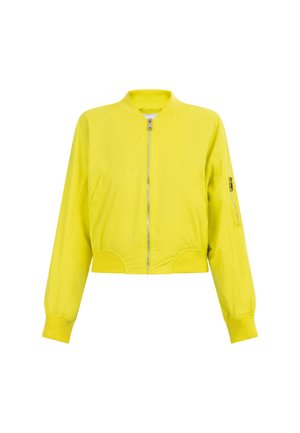 Skraťená bomber bunda v jasne žltej farbe; má predný zips, rebrovaný golier a elastický pás; obsahuje bočné vrecká a vrecko na rukáve.