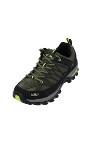 Trailrunning-Schuh mit einem dunkelgrünen und schwarzen Obermaterial, texturiertem Stoff, grünen Akzenten und einer robusten Außensohle für besseren Grip. Mit gepolstertem Kragen.