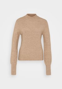 Maglione lavorato a maglia beige, caratterizzato da un collo alto, una trama a costine, una silhouette aderente e maniche lunghe con polsini svasati.