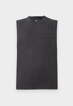 Sleeveless gray cotton t-shirt featuring a crew neck, front pocket, and a solid color with a slightly faded texture.