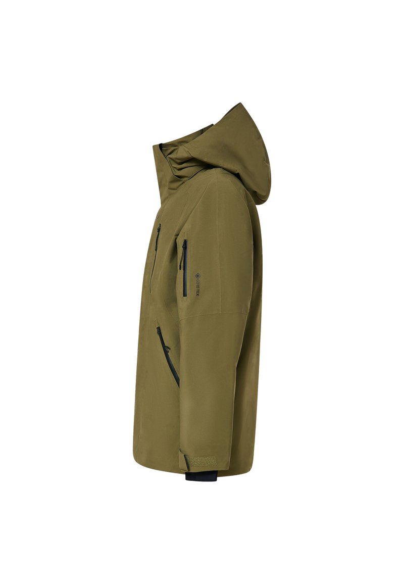 Olivgrüne wasserdichte Jacke mit Kapuze, Reißverschlusstaschen und verstellbaren Manschetten. Glatte Textur und ergonomisches Design für den Außeneinsatz.