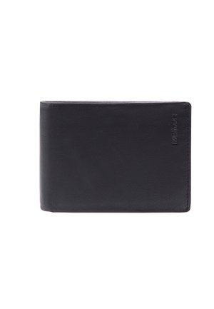Schwarze Lederbrieftasche mit glatter Textur, praktischem Klappdesign und geprägtem Markennamen auf der Vorderseite. Kompakte und rechteckige Form.