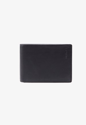 Portefeuille en cuir noir avec une texture lisse, design pliable à deux volets et nom de marque en relief sur le devant. Forme compacte et rectangulaire.