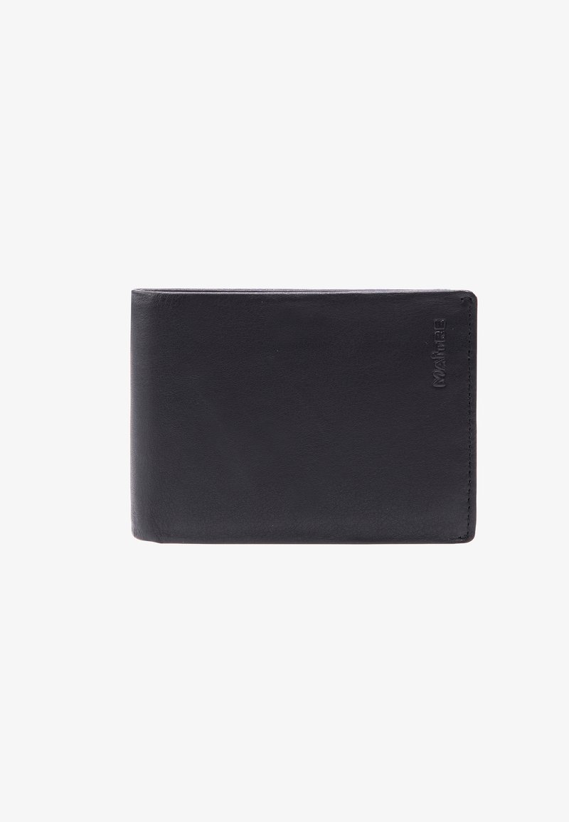 Black leather wallet with a smooth texture, bi-fold design, and embossed brand name on the front. Compact and rectangular shape.