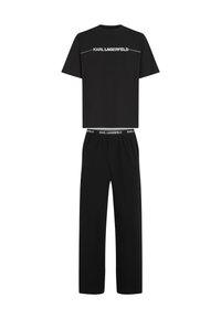Must musta Karl Lagerfeld kaheosaline mugavusriiete komplekt, mis sisaldab ümarakaelusega lühikeste varrukatega särki ja vabalt langevaid pükse, millel on elastne vöökoht.