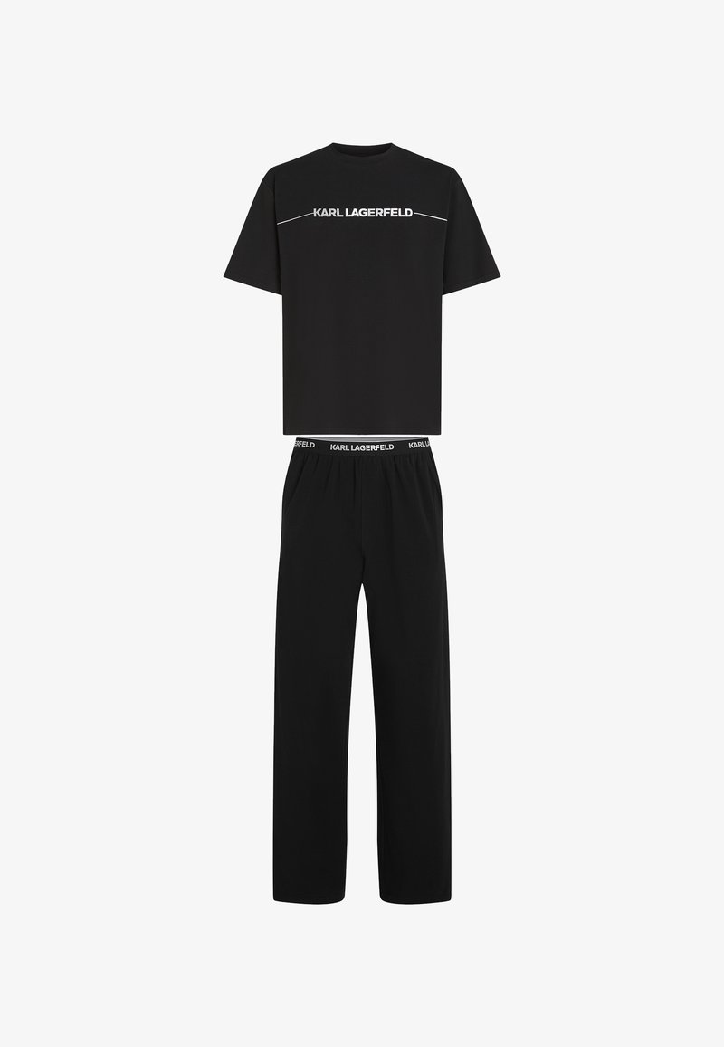 Must musta Karl Lagerfeld kaheosaline mugavusriiete komplekt, mis sisaldab ümarakaelusega lühikeste varrukatega särki ja vabalt langevaid pükse, millel on elastne vöökoht.