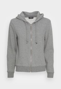 Grijze hoodie met ritssluiting, gemaakt van zachte stof, voorzien van een capuchon met koord, geribbelde boorden en een rechte zoom. Zilveren rits loopt over de voorkant.