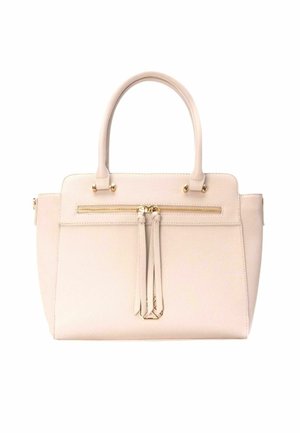 Borsa tote in pelle beige con due manici, hardware dorato e tasca frontale con zip. Materiale testurizzato e design rettangolare elegante.